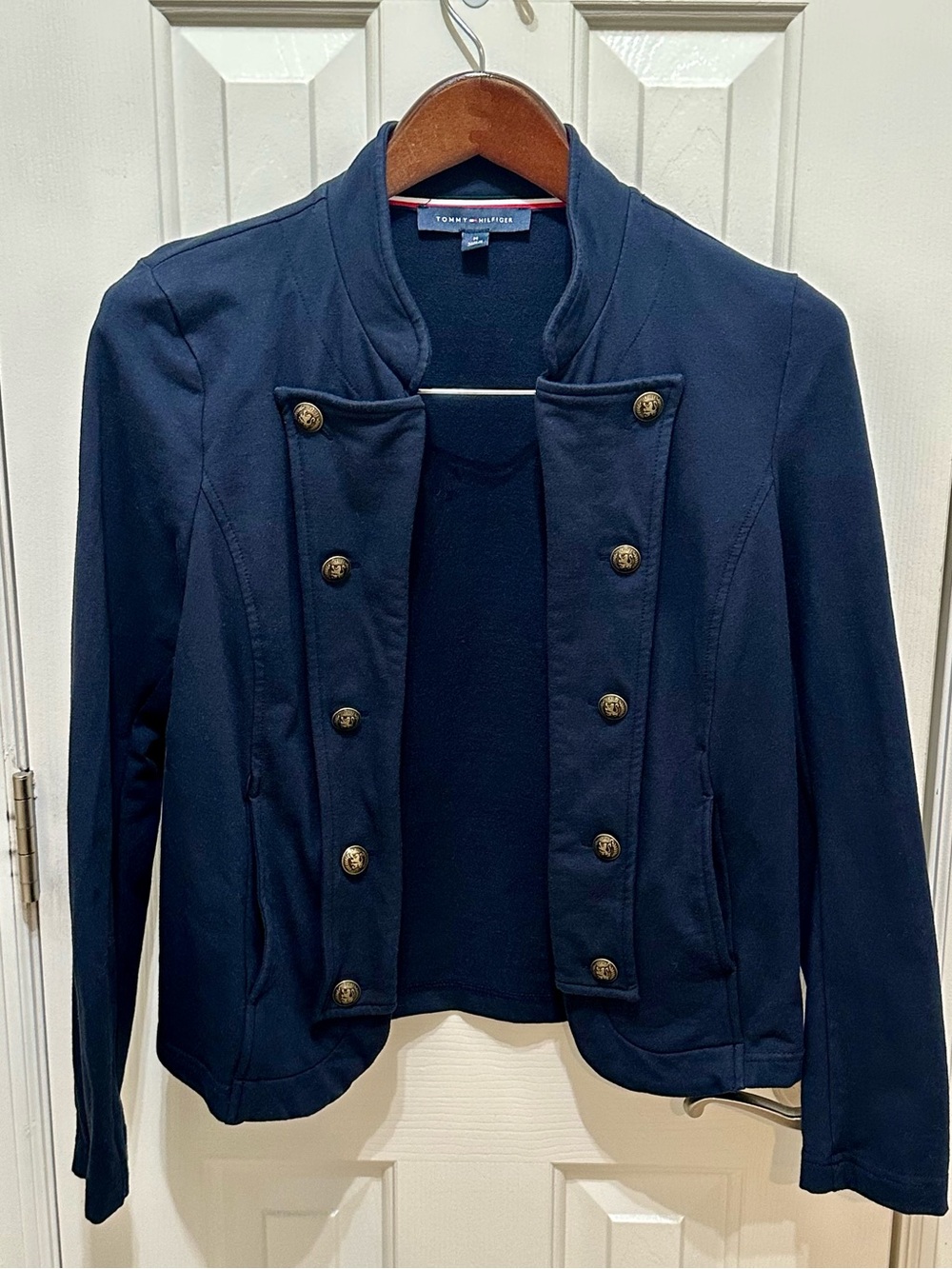 Tommy Hilfiger Navy Military Style Knit Jacket Gold Crest Buttons Medium